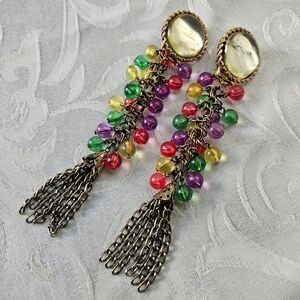 Vintage Runway Beaded Dangle Clip On Earrings